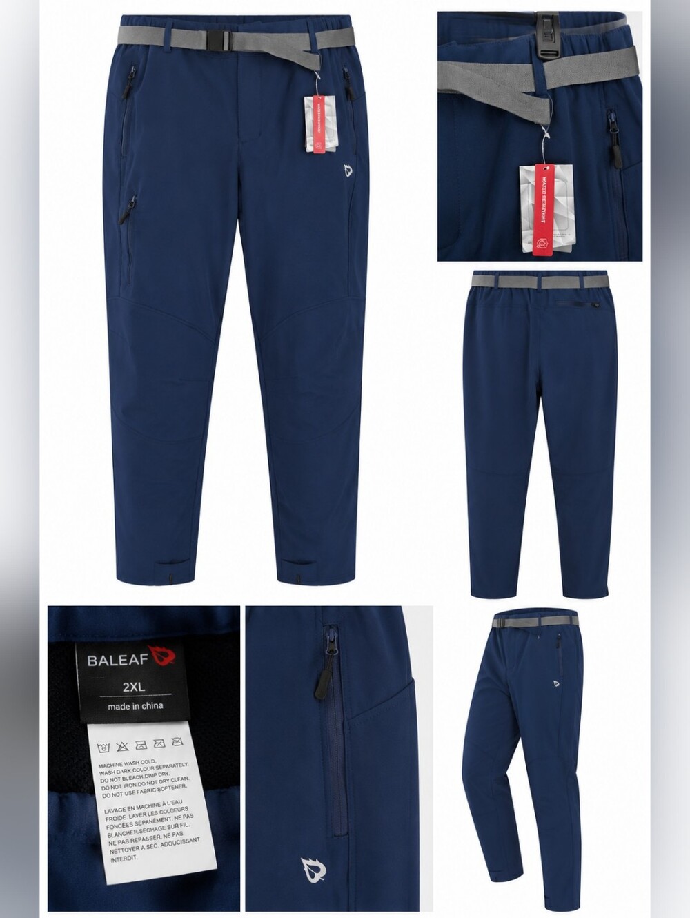 BALEAF Men's 2XL Water Resistant Hiking Pants Blue Stretch Outdoor Trail Belt